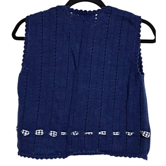 Vintage Hartstrings Girls Knit Vest Navy Blue 10/12 Floral Applique & Gingham Bo - Picture 4 of 7